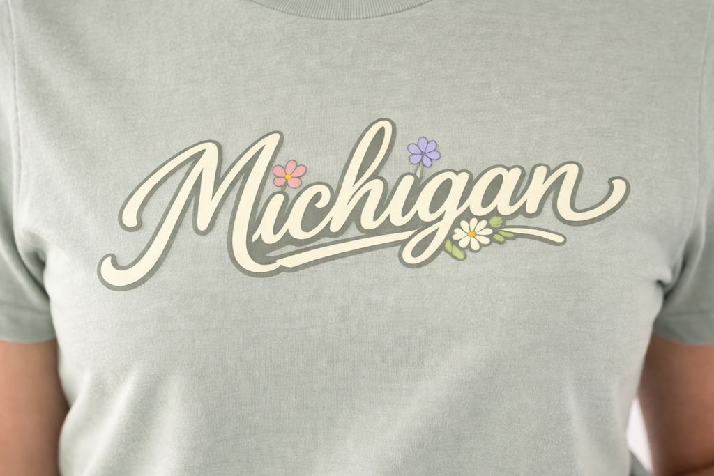 Gray t-shirt with 'Michigan' text and floral decorations on a person wearing it.